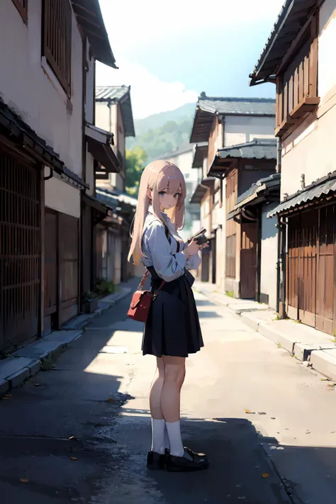 there is a woman standing on a street with a cell phone