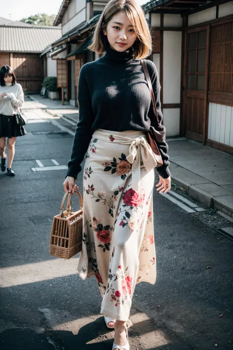 a woman walking down a street in a black top and floral skirt