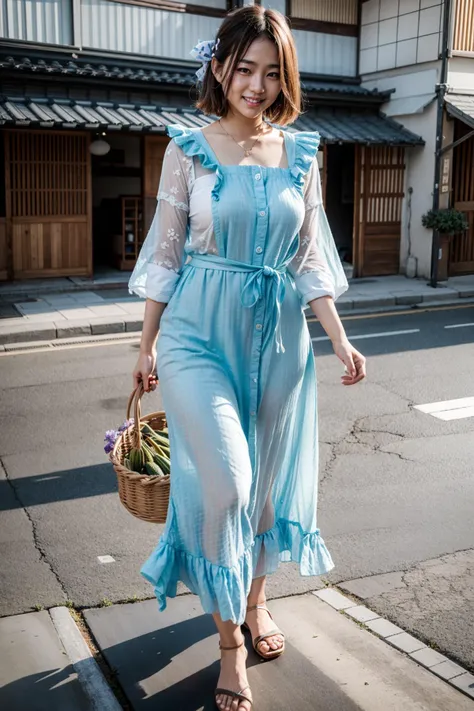 a woman walking down the street in a blue dress