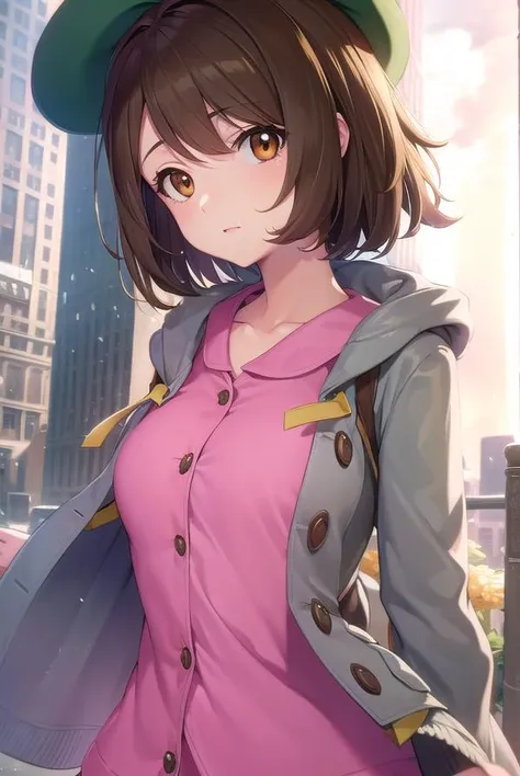 pokemongloria, <lyco:pokemongloria-lyco-nochekaiser:1>,
pokemongloria, (brown eyes:1.5), brown hair, medium hair, (small breasts:1.2),
BREAK cardigan, dress, green headwear, grey cardigan, hood, hood down, hooded cardigan, long sleeves, pink dress, short d...