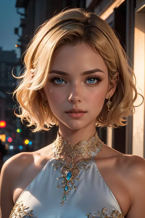 (masterpiece,official art, highest quality, etxreme detail, 8k, render, octane,best quality:1.2),1girl,short curly blonde hair,beautiful eyes,radiant skin,ultrarealistic,attending a party,(wearing a stunning dress:1.3)