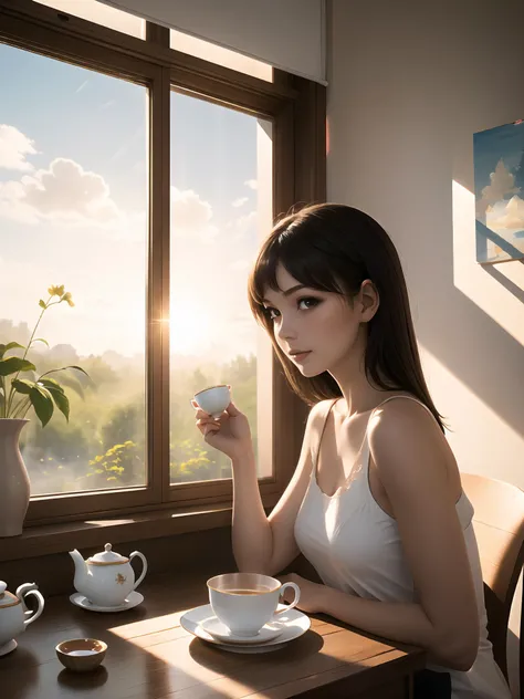 (best quality, masterpiece), 1girl, tea time, sunlight from windows,
