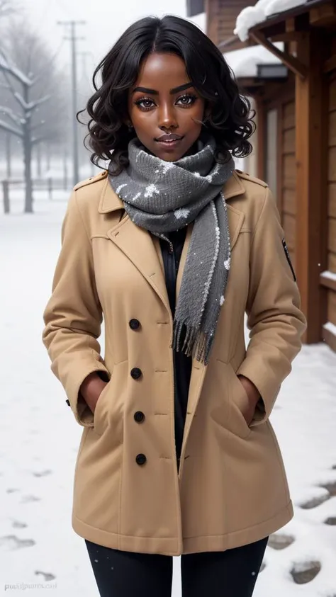 (best quality, masterpiece), 1girl,  jacket, winter, curly hair, wavy hair, (dark skin:1.2), (freckles:0.75),  snowing, scarf, parted lips, hand on own shoulder,