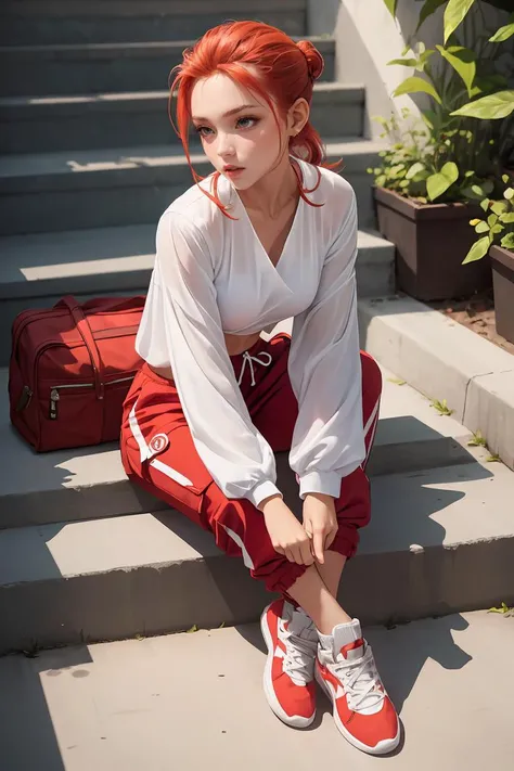 (masterpiece, best quality), 1girl, Bittersweet Spiky Top with Tapered Sides, small breasts, Red Chiffon blouse and Jogger-style cargo pants with a drawstring waist, ankle socks, Sitting on a staircase, looking upward