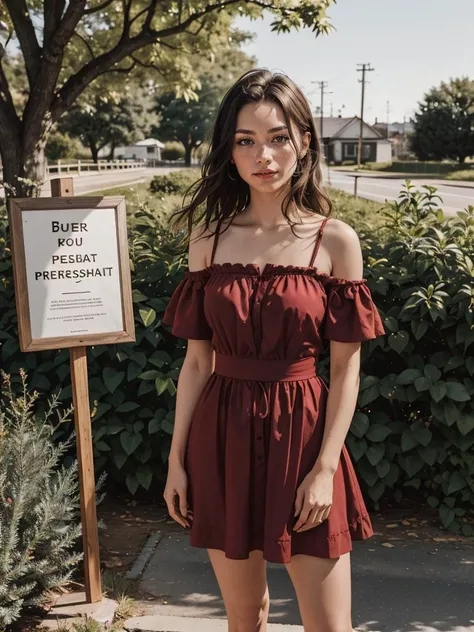 a woman in a red dress standing in front of a bush and a road with a sign that says,, Claire Falkenstein, portrait photography, a character portrait, private press
masterpiece, best quality, intricate detail,