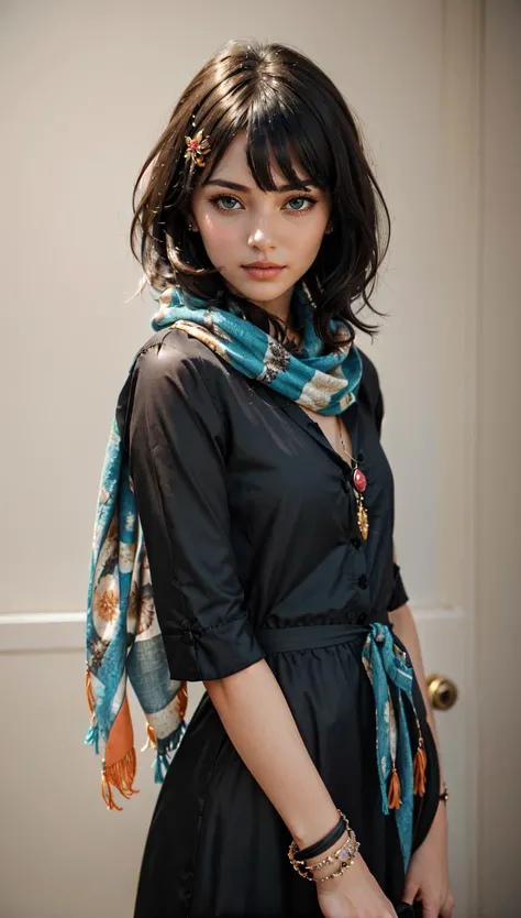 masterpiece, best quality, 1girl, black hair, medium hair, swept bangs, dress, black dress, scarf, jewelry, hair ornament,