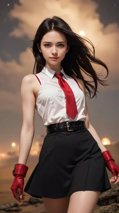 (masterpiece, best quality, highres:1.2), (photorealistic:1.2), raw photo, (Akame ga Kill!), young, cute, slim, long black hair, red eyes, black dress, sleeveless, detailed white collar, black skirt, red belt around her waist, red and black gloves, long re...