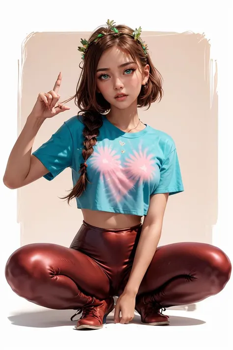 (masterpiece, best quality),female Eighteen, Compact, East Asian, Turquoise eyes, Lobed Ears,   V-Shaped Jaw, Defined Cheeks, Narrow Forehead, Heart face shape with Pointed Chin,  , Copper French braid hair, Anger wearing  Cropped leggings,  Tie-dye t-shir...