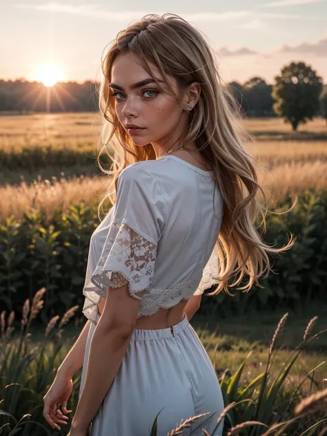 a woman standing in a field with the sun setting behind her and her hair in the air, looking straight ahead, cara delevingne, girl, a character portrait, rayonism
masterpiece, best quality, intricate detail,