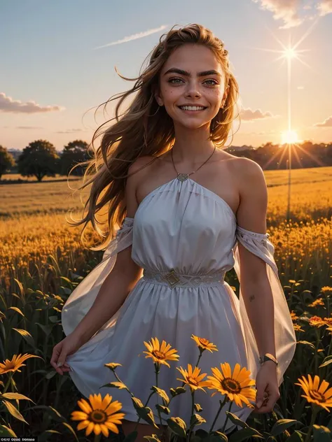 a woman  smiling standing in a field with the sun setting behind her and her hair in the air, looking straight ahead, cara delevingne, girl, a character portrait, rayonism
masterpiece, best quality, intricate detail,