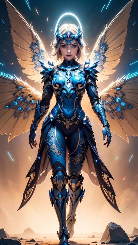 (best quality, masterpiece, colorful, dynamic angle, highest detailed)upper body photo, full body photo, fashion photography of cute mechangel, glowing 4 wings, solo, glowing armor, glowing halo, building, glowing mechanical 4 wings (intricate details, hyp...