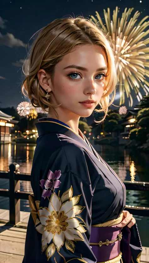 (best quality, masterpiece, colorful, dynamic angle, highest detailed) Realistic photo, fashion photography of a cute European girl with iridiscent blonde hair, flirting with POV, in traditional japanese gold&black kimono, ultra detailed kimono textures, p...