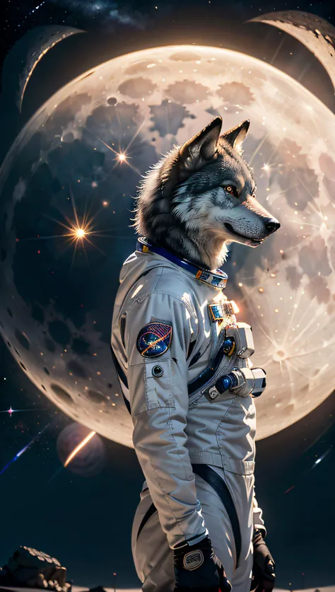 (masterpiece, best quality), furry male,1boy, spacesuit, astronaut, lunar, moon, earth, gazing at earth, lonely, solemn, melancholic, homesick, werewolf, wolf, furry, anthro, muscular, buff, hunky, alone, barren landscape, distant planet, isolation, longin...