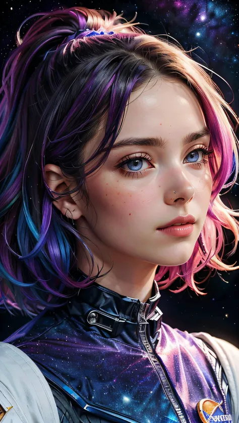 (best quality, masterpiece, perfect face, beautiful and aesthetic:1.2, colorful, dynamic angle, highest detailed face) fashion photography of cute astronaut girl with long iridiscent purple hair, in space (intricate details, hyperdetailed:1.15), detailed, ...