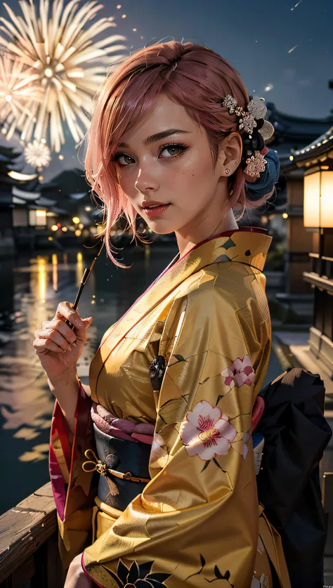 (best quality, masterpiece, colorful, dynamic angle, highest detailed) Realistic photo, fashion photography of a cute french girl with iridiscent pink hair, flirting with POV, in traditional japanese gold&black kimono, ultra detailed kimono textures, night...