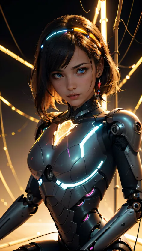 (best quality, masterpiece, perfect face, beautiful and aesthetic:1.2, colorful, dynamic angle, highest detailed face)((Full shot)), (highly detailed illustration), ((Chest covered)), ((1mechanical girl)), solo, (lucent nacre exoskeleton) ((upper torso han...