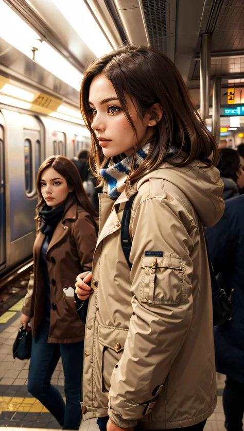 (best quality, masterpiece) photorealistic,lifelike rendering,1girl,chestnut,cowboy shot,side view,evening,night shot,a girl inside a subway station,subway train passing behind her,motion blur,film grain:1.2,winter jacket,scarf,Radiant Comfort, Golden Hour...