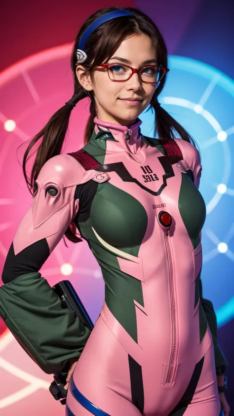 a woman in a pink and green suit and glasses posing