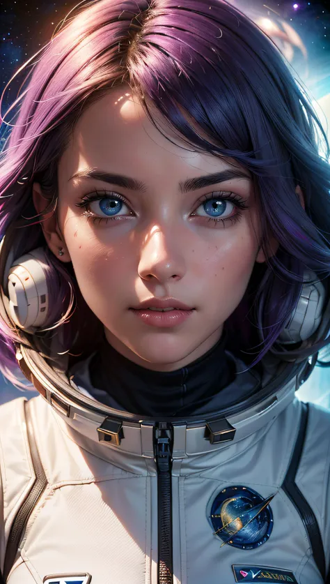 (best quality, masterpiece, perfect face, beautiful and aesthetic:1.2, colorful, dynamic angle, highest detailed face) fashion photography of cute astronaut girl with long iridiscent purple hair, in space (intricate details, hyperdetailed:1.15), detailed, ...