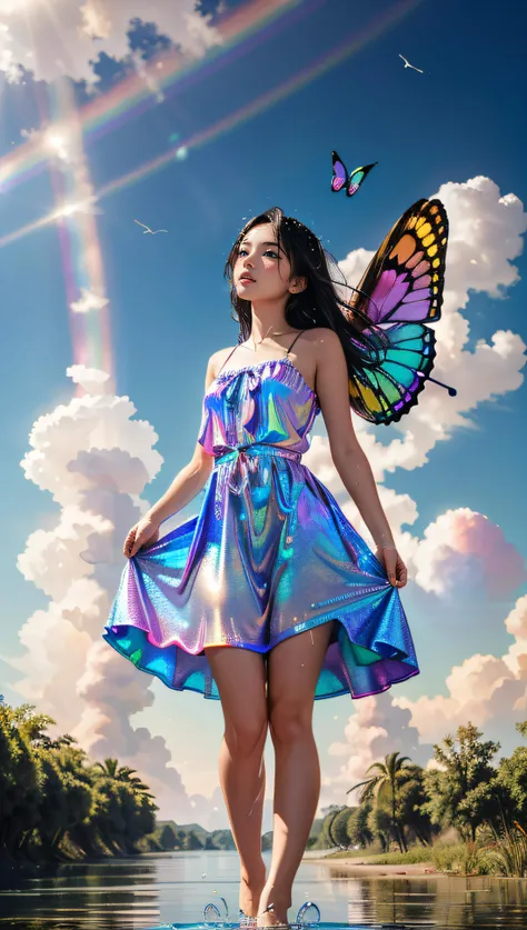 masterpiece, best quality, absurdres, illustration, watercolor,1girl,young girl with 2 butterfly big wings, in water, solo, long hair, dress, skirt hold, sleeveless, barefoot, bare shoulders, standing, outdoors, cloud, sky, water, water splashes, rainbow, ...