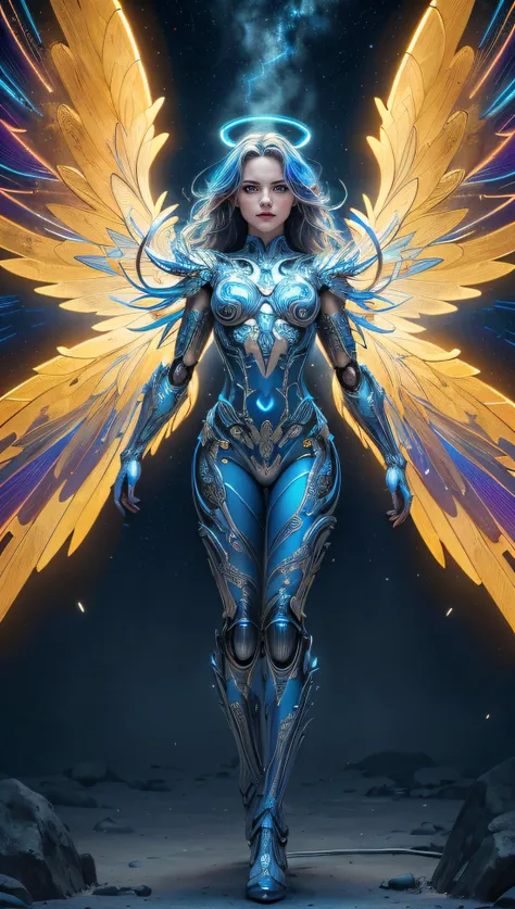 (best quality, masterpiece, colorful, dynamic angle, highest detailed)upper body photo, full body photo, fashion photography of cute mechangel, glowing 4 wings, solo, glowing armor, glowing halo, building, glowing mechanical 4 wings (intricate details, hyp...