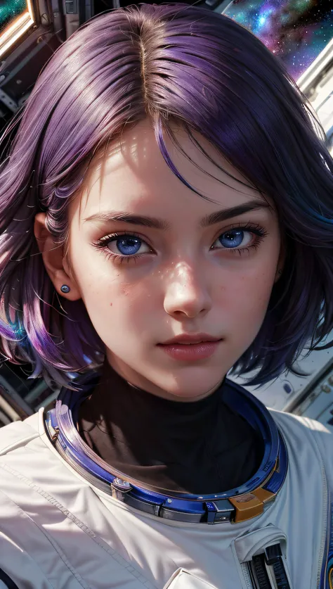 (best quality, masterpiece, perfect face, beautiful and aesthetic:1.2, colorful, dynamic angle, highest detailed face) fashion photography of cute astronaut girl with long iridiscent purple hair, in space (intricate details, hyperdetailed:1.15), detailed, ...