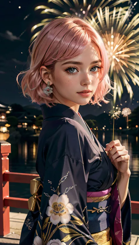 (best quality, masterpiece, colorful, dynamic angle, highest detailed) Realistic photo, fashion photography of a cute European girl with iridiscent pink hair, flirting with POV, in traditional japanese gold&black kimono, ultra detailed kimono textures, per...