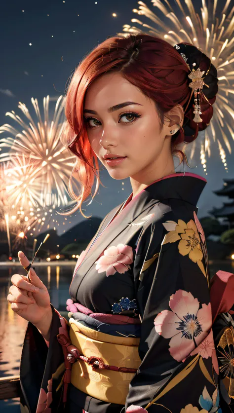 (best quality, masterpiece, colorful, dynamic angle, highest detailed)upper body photo, fashion photography of a cute marocco  girl with iridiscent pink hair, flirting with POV, in traditional japanese gold&black kimono, ultra detailed kimono textures, hig...