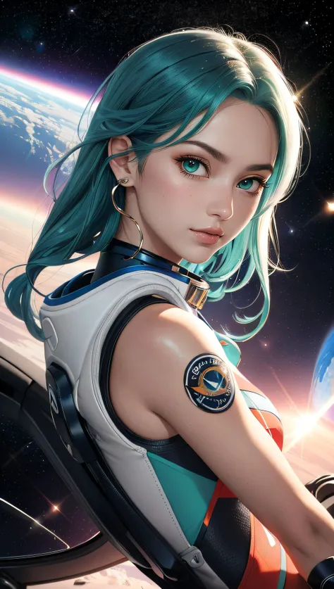 (best quality, masterpiece, perfect face, beautiful and aesthetic:1.2, colorful, dynamic angle, highest detailed face) full body photo, fashion photography of cute astronaut girl with long iridiscent green hair, in space with saturn rings background, 35mm,...