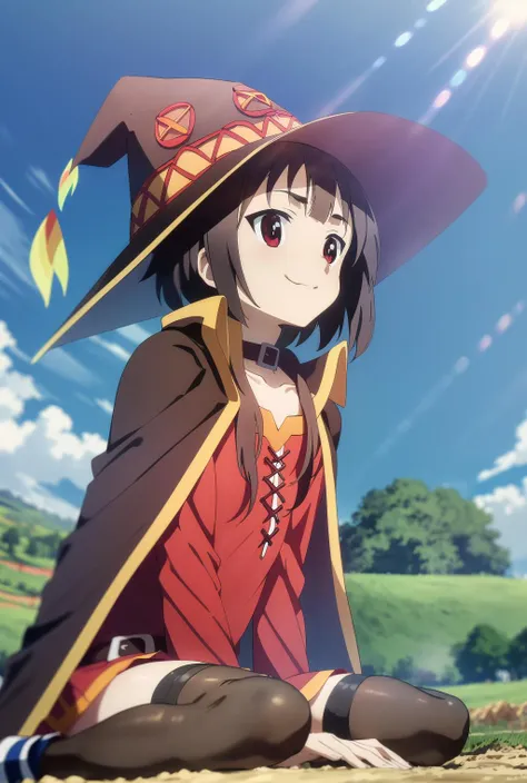 field; farm; megumin, sitting on ground, looking up, sky, smiling, crimson dress, cape, witch hat; sunlight; masterpiece;
 <hype...