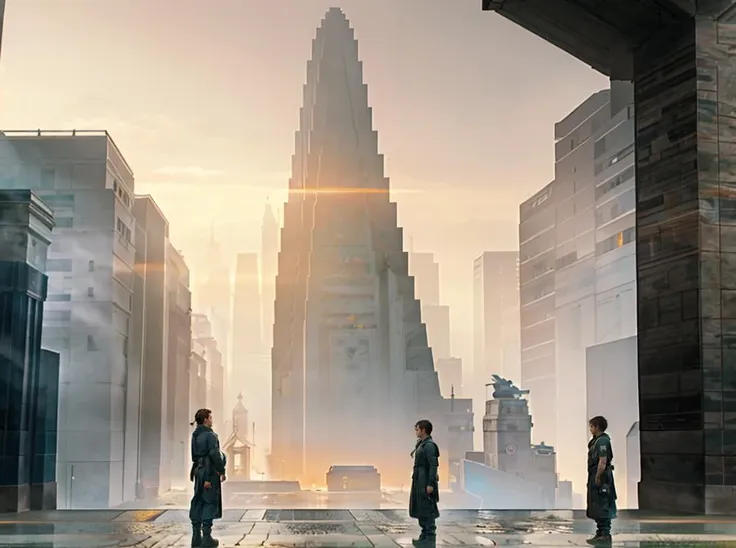 there are three people standing in a city with tall buildings