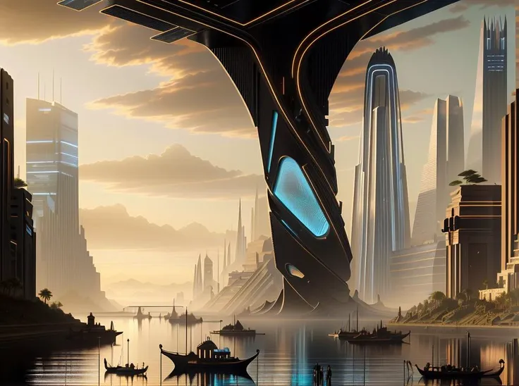 futuristic city with a futuristic bridge and a boat in the water