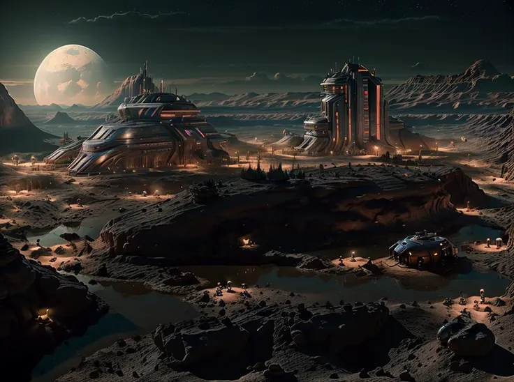 a futuristic city in the middle of a desert with a moon in the background