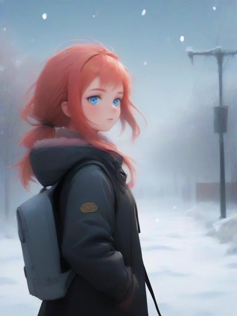 a woman with red hair and a backpack walking through the snow