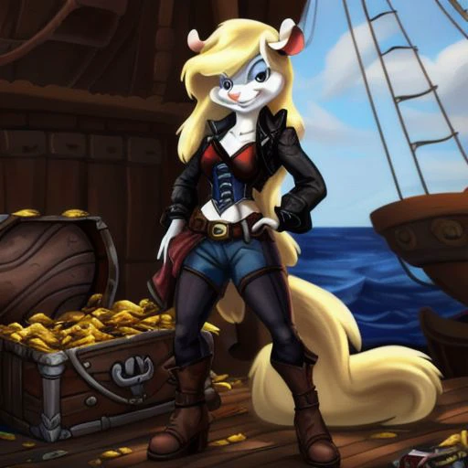 Minerva Mink (Animaniacs), 1girl, <lora:Pirate-14:0.8>, PrateT, hand on hip, pants, jacket, cross-laced footwear, corset, treasure chest, watercraft, ship, best quality, masterpiece, highres