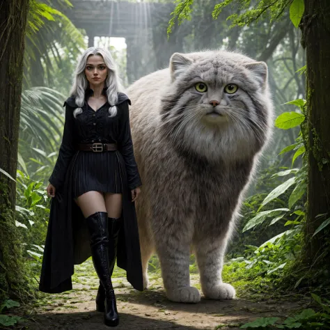 <lora:add_detail:1.0> <lyco:envybetterhands-beta2:1.0> <lora:manul-pallas_cat-by_leosam:0.7> a beautiful female witch with long white hair is standing next to her (fluffy, majesctic:1.4) tusun familiar in the ruins of an ancient temple in a jungle, thigh b...