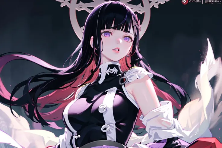 anime girl with long black hair and purple eyes sitting on a throne