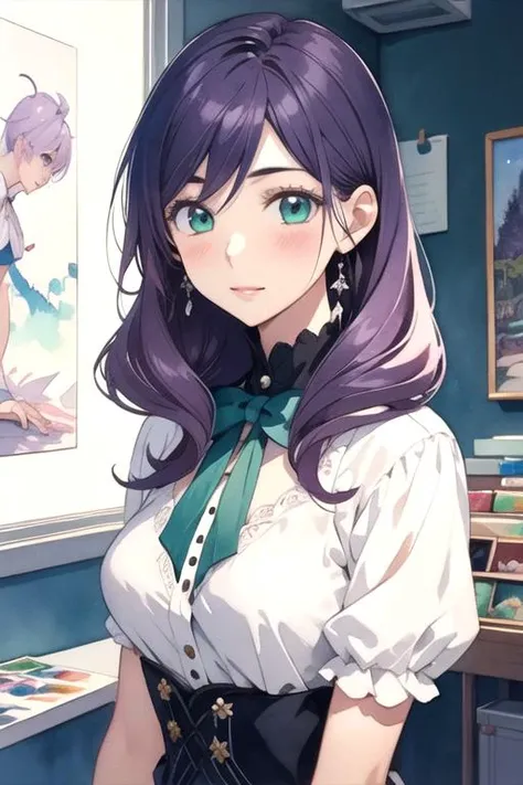 masterpiece, best quality, game cg, 1girl, solo, looking at viewer, upper body, , (watercolor illustration, soft pastel colors:1.1), , <lora:kae_serinuma:0.66>, kae_serinuma, purple hair, green eyes, long hair, flapper costume, social science fiction,