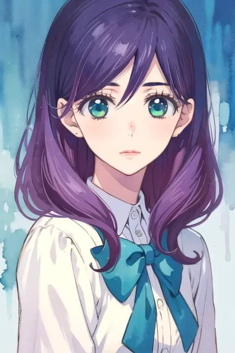 masterpiece, best quality, wallpaper, 1girl, solo, looking at viewer, upper body, depth of field, (watercolor illustration, soft pastel colors:1.1), realistic, <lora:kae_serinuma:0.74>, kae_serinuma, purple hair, green eyes, bow, , , 2k resolution