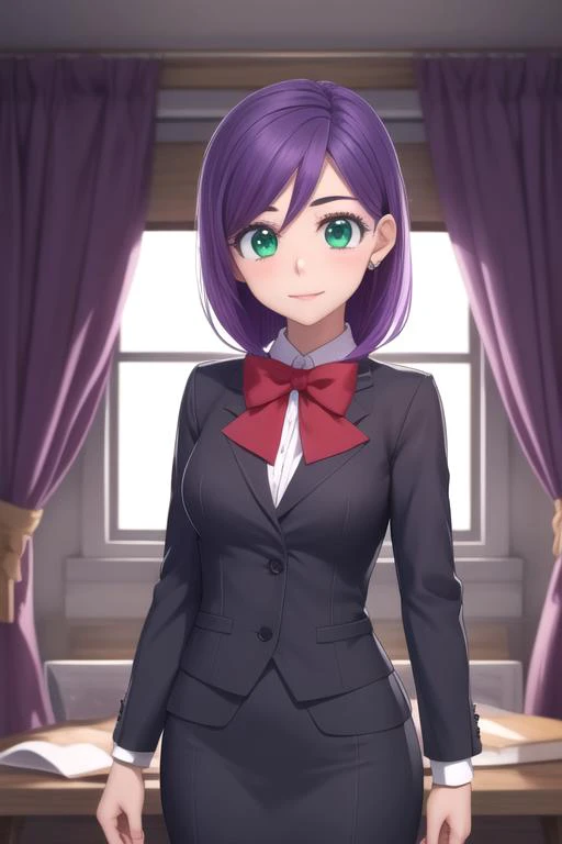 masterpiece, best quality, illustration, 1girl, solo, looking at viewer, , , , , <lora:kae_serinuma:0.70>, kae_serinuma, purple hair, green eyes, bow, tailored, , science fiction horror, 8k resolution