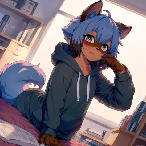 ram furry, fursona, anthro, anthropomorphic, (studying at a desk), hoodie, sweatpants, (setting is a colorful bedroom) <lora:michiruLora_v22N:.75>, upper left angle