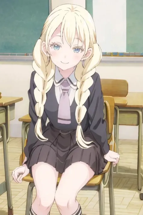 best quality, masterpiece, highres, solo, {olivia_asobiasobase:1.15}, blonde_hair, long_hair, blue_eyes, necktie, indoors, 1girl, chair, classroom, desk, school_desk, braid, looking_at_viewer, school_uniform, twin_braids, blush, smile