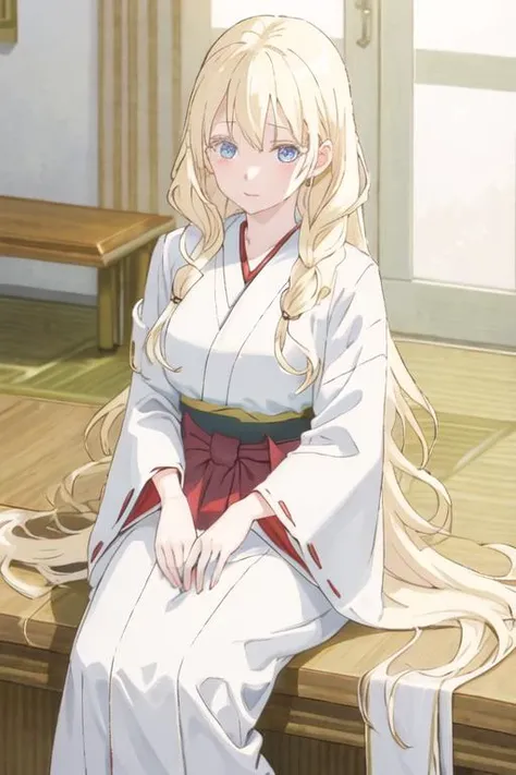 best quality, masterpiece, highres, solo, {white kimono:1.35}, {red hakama:1.35}, {wide sleeves:1.20}, {olivia_asobiasobase:1.15}, blonde_hair, long_hair, blue_eyes, necktie, indoors