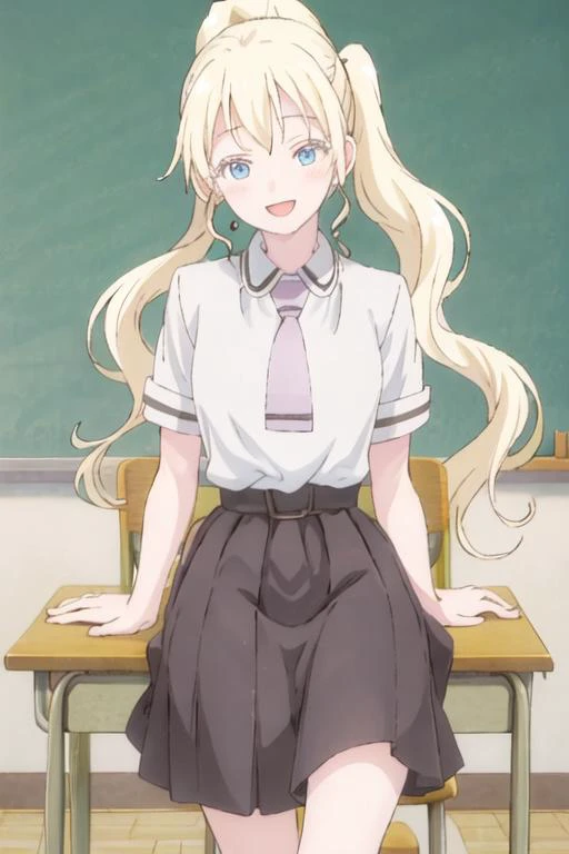 best quality, masterpiece, highres, solo, {olivia_asobiasobase:1.15}, blonde_hair, long_hair, blue_eyes, necktie, indoors, 1girl, :d, bangs, blush, classroom, collared_shirt, open_mouth, school_uniform, shirt, smile, white_shirt, desk, school_desk, upper_b...