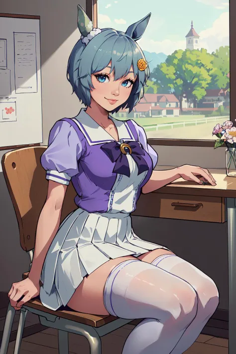 (masterpiece,best quality,absurdres,beautiful,intricate,4k,detailed,aesthetic),sitting,desk,1girl,thick thighs,seiunsky,hairclip, hair flower, horse ears, horse tail,tracen school uniform, purple shirt, puffy short sleeves, white skirt, white thighhighs,sl...