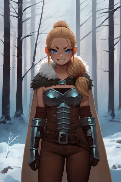 a woman in a brown outfit standing in a snowy forest