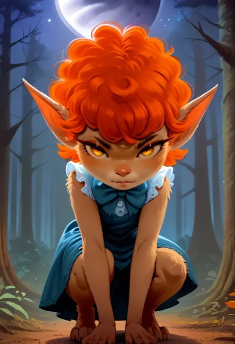 score_9, solo, 1girl, solo focus, female focus, winnie, furry, orange hair, curly hair, pointy ears, bow, dress, looking at viewer, night, forest, full moon, squat, hands down, crouching, on all fours, (crouching on all fours), short hair,