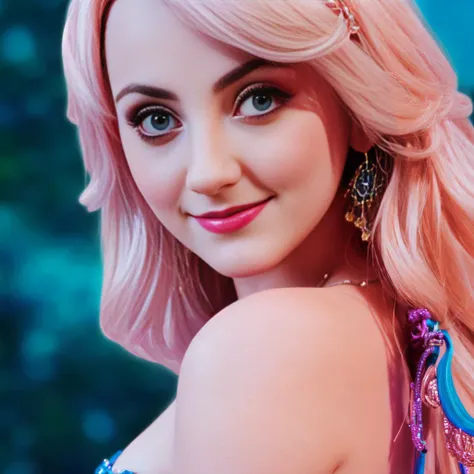 a close up of a woman with pink hair and a blue dress