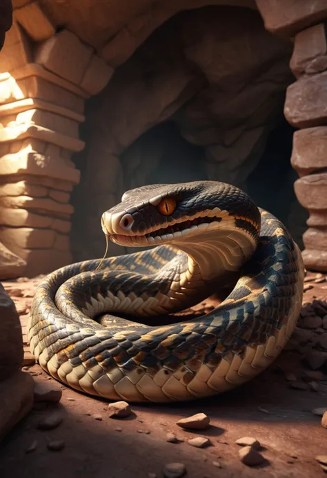 (medium full shot) of (terrifying snake) with muscular body, brown eyes, psychedelic prismatic smooth scales, short fangs, rattling tail, spines along back armored plates, set in  a spacious cave, with high ceilings, stone pillars, natural light shafts , a...