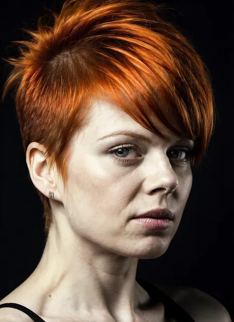 a close up of a woman with a red hair and piercings